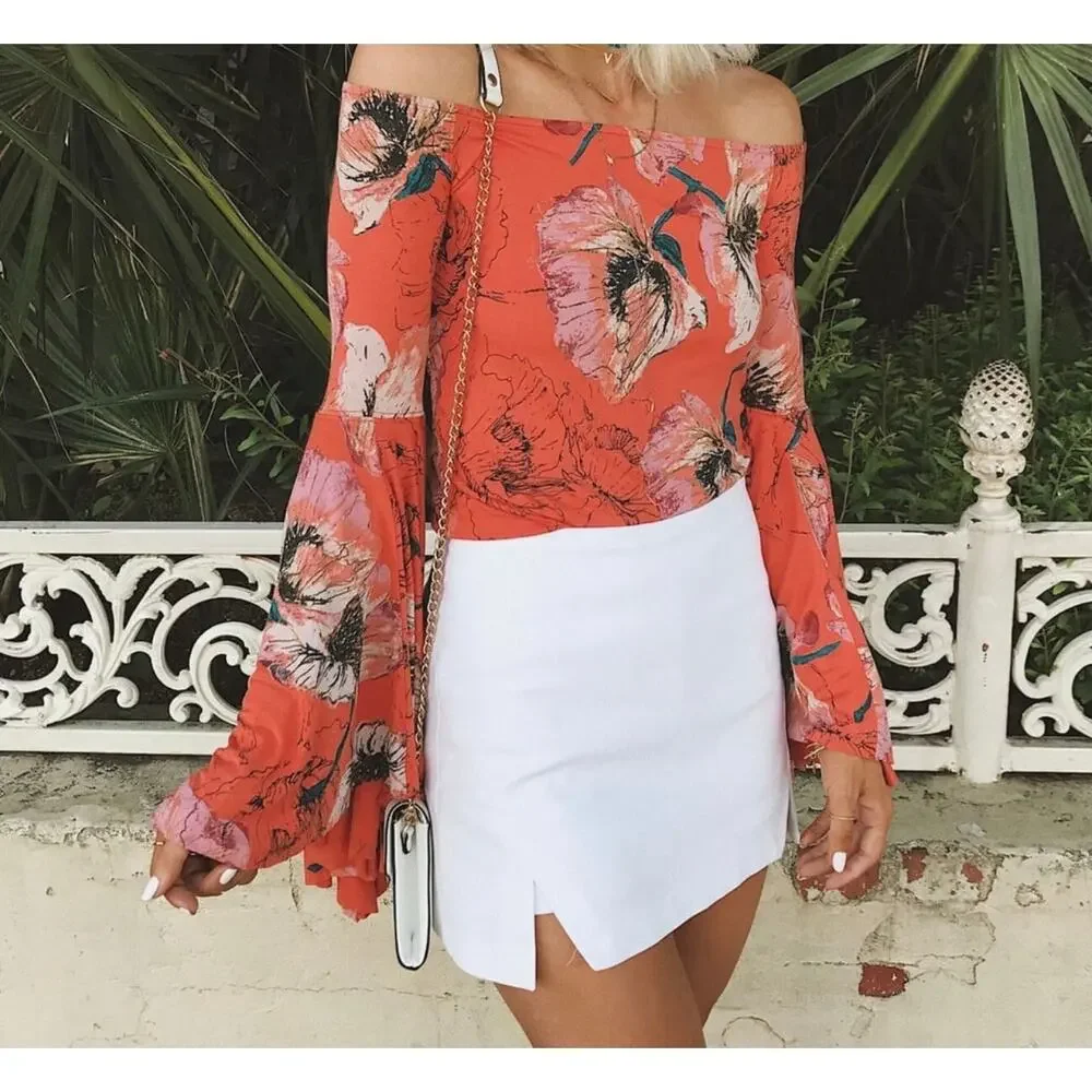 Free People Tropical Floral Print Top Resort Wear Dramatic Bell Sleeves XS
